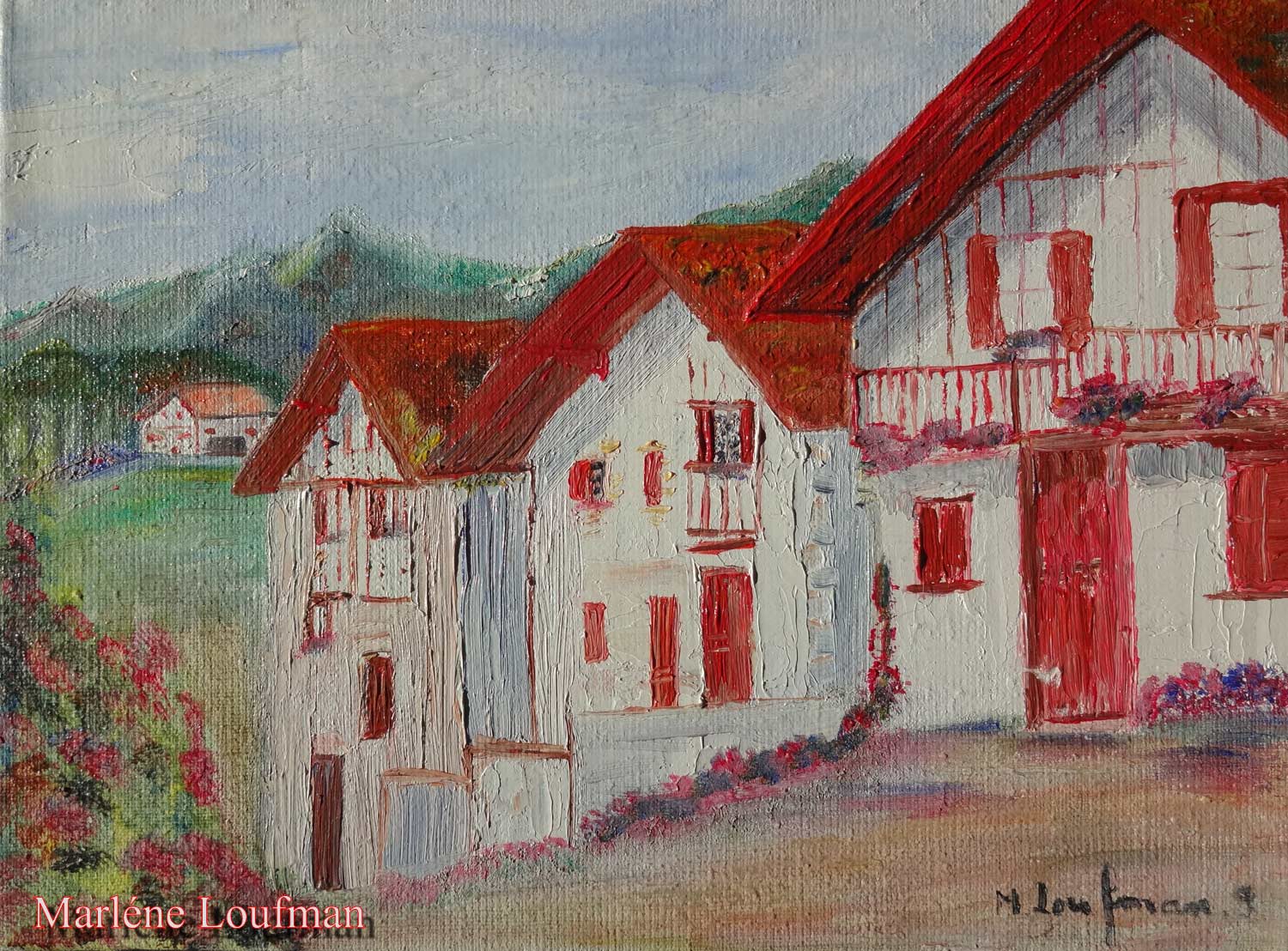 N&deg; 12 - Tableaux de rue de village Basque (euskara) &agrave; dominante rouge de Marl&egrave;ne Loufman 